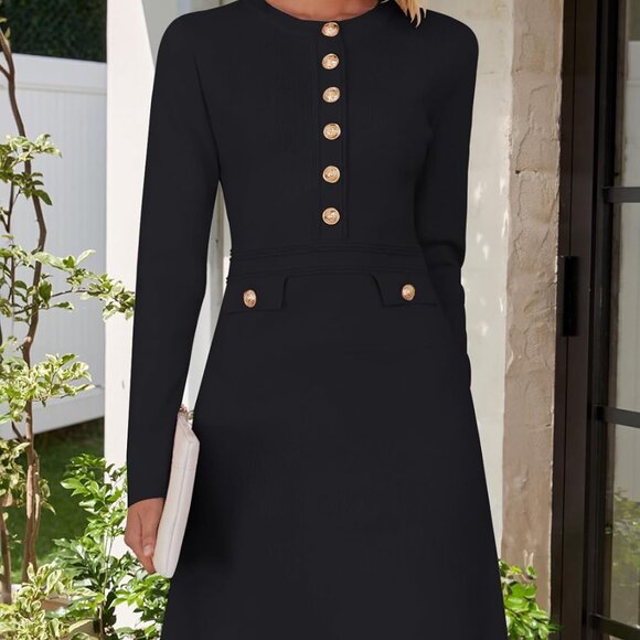Sophisticated Black Long Sleeve Mini Dress with Gold Accents for Parties, Size M - Picture 2 of 5